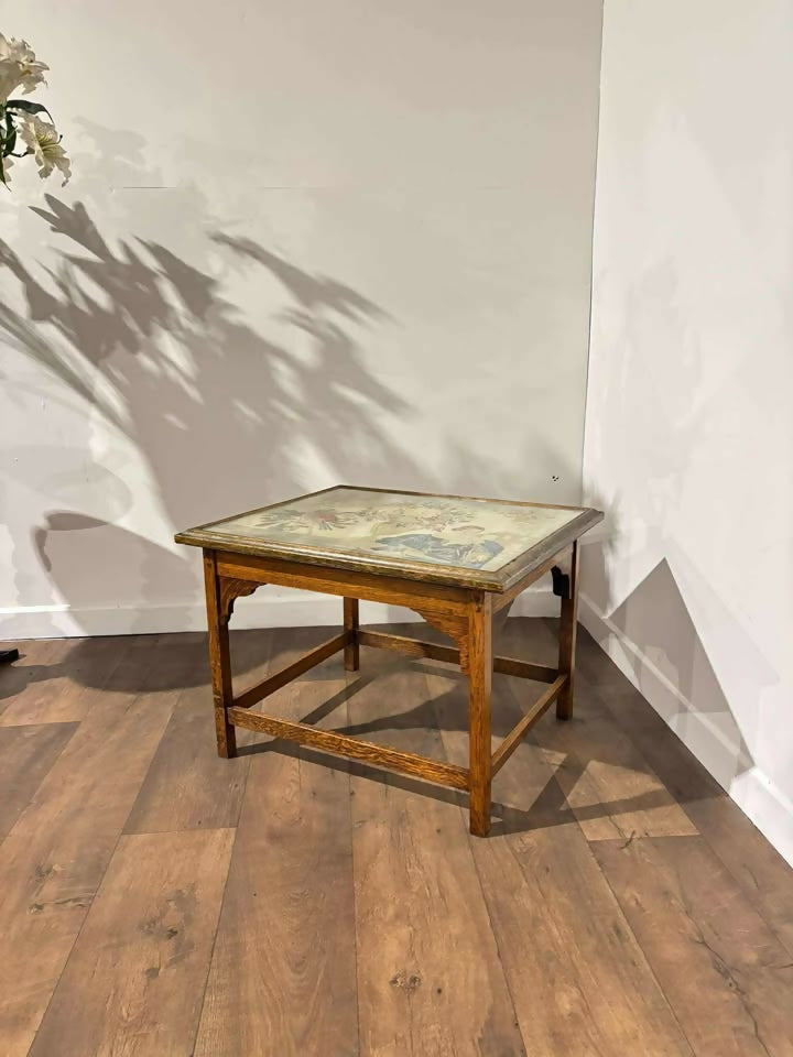 19th Century Oak Occasional Table With Tapestry Top Under Glass