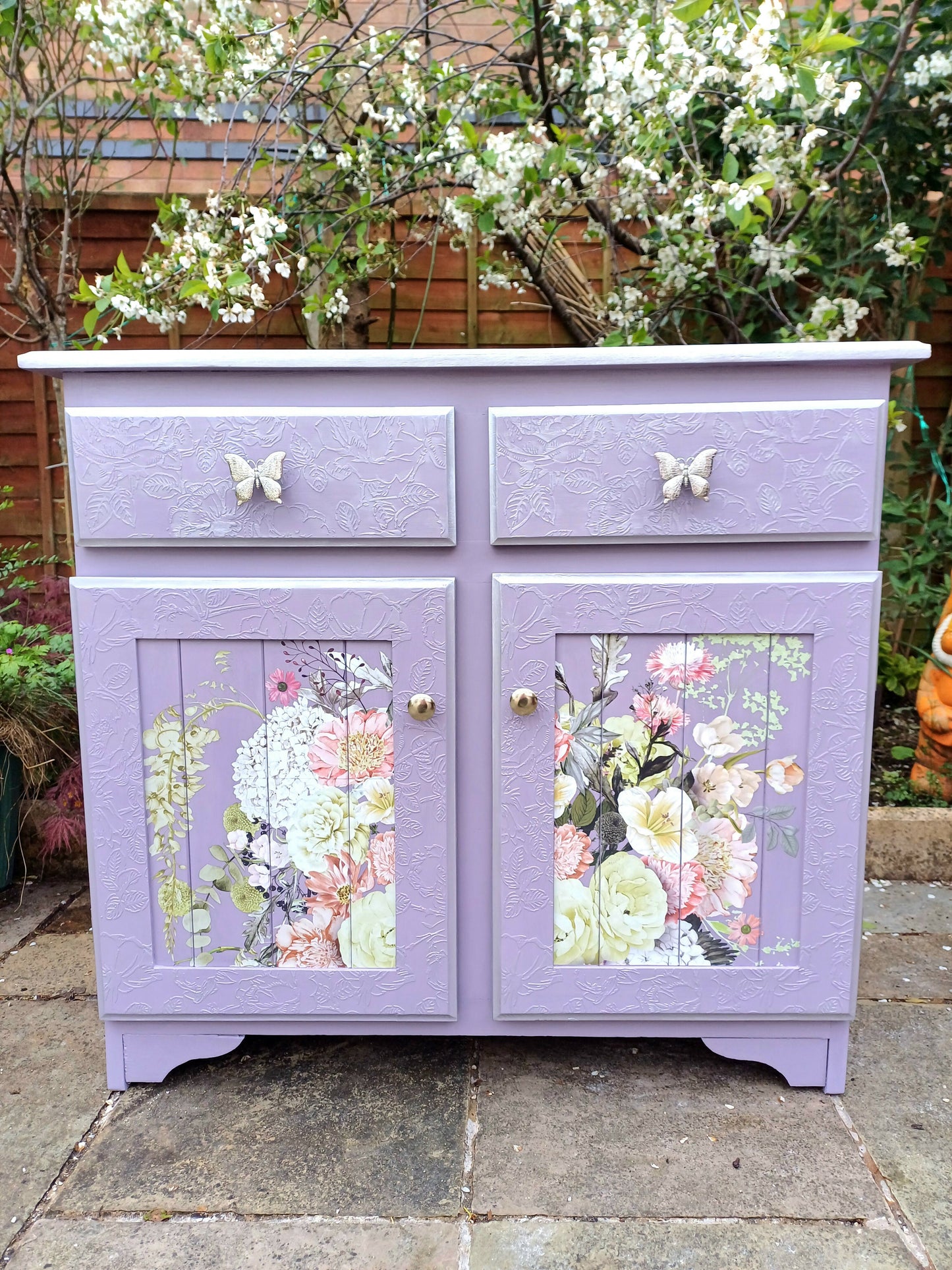 Upcycled Lilac and Silver Floral Cupboard with Two Storage Drawers