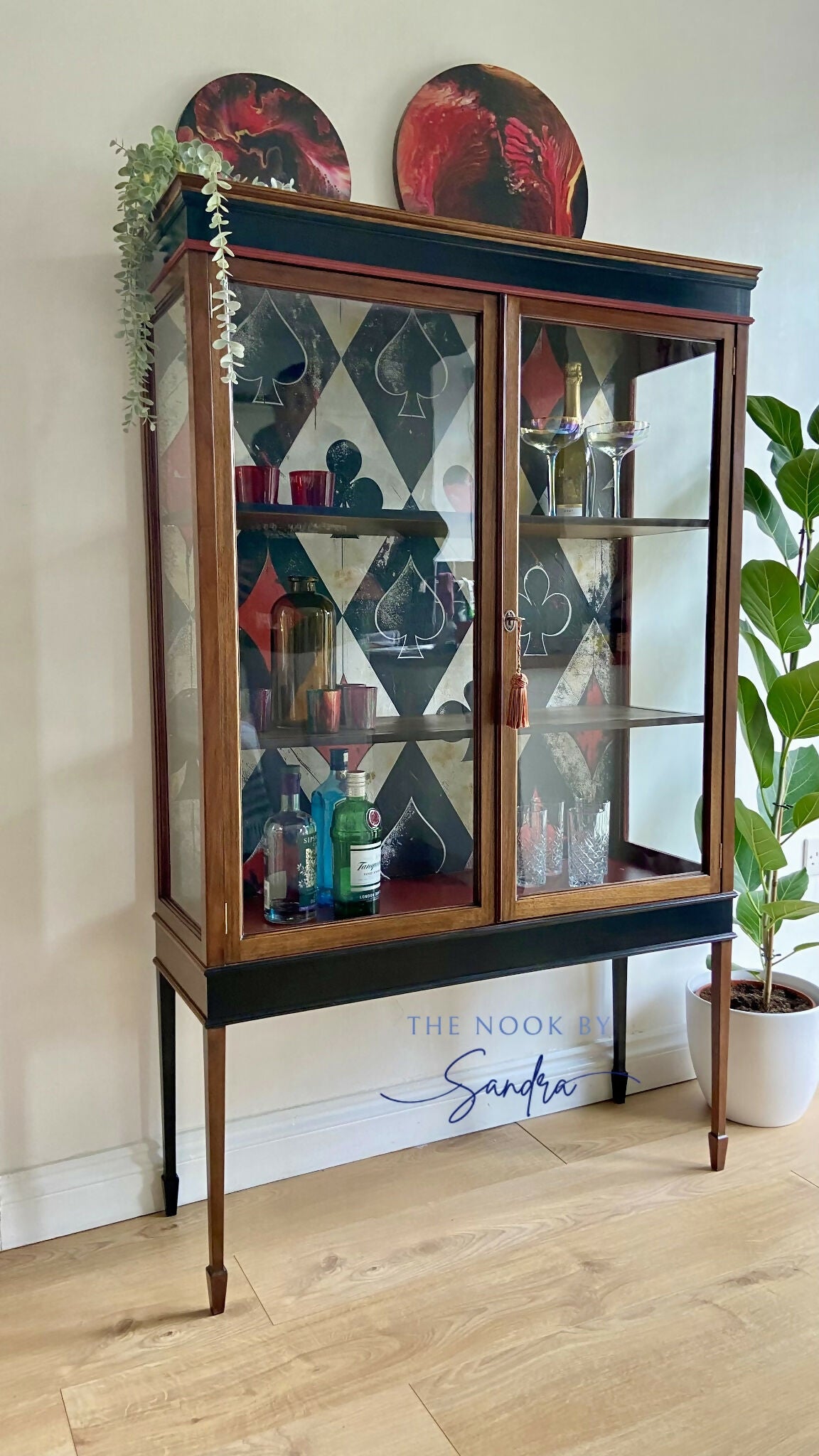 Upcycled Edwardian Mahogany Display Cabinet-Red and Black Perfect as a Cocktail or Display Piece