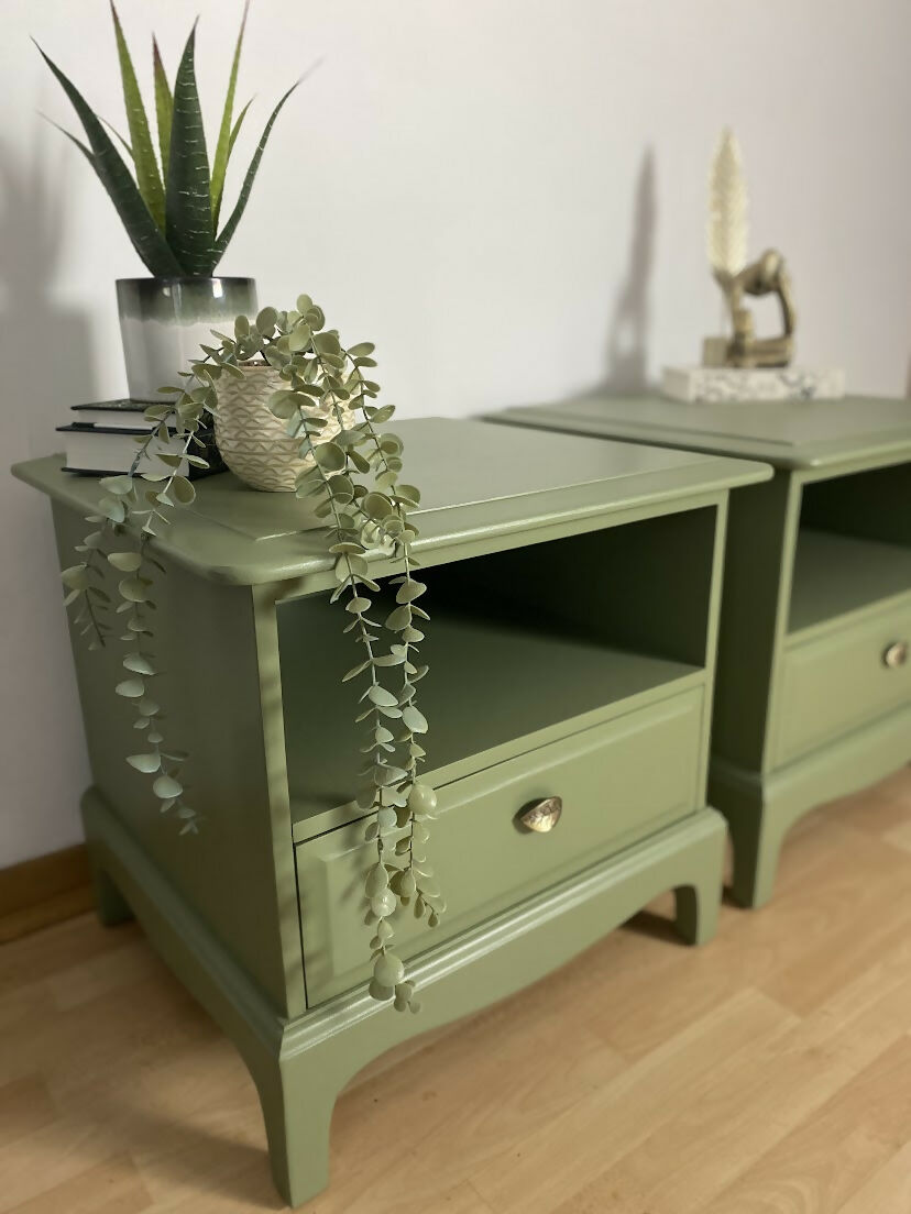 Pair of Stag 1 drawer, Sepal Green bedsides tables