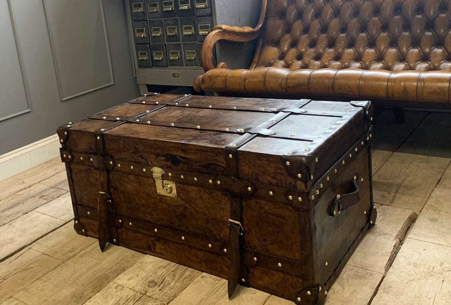 English Leather Belted Coffee table Trunk