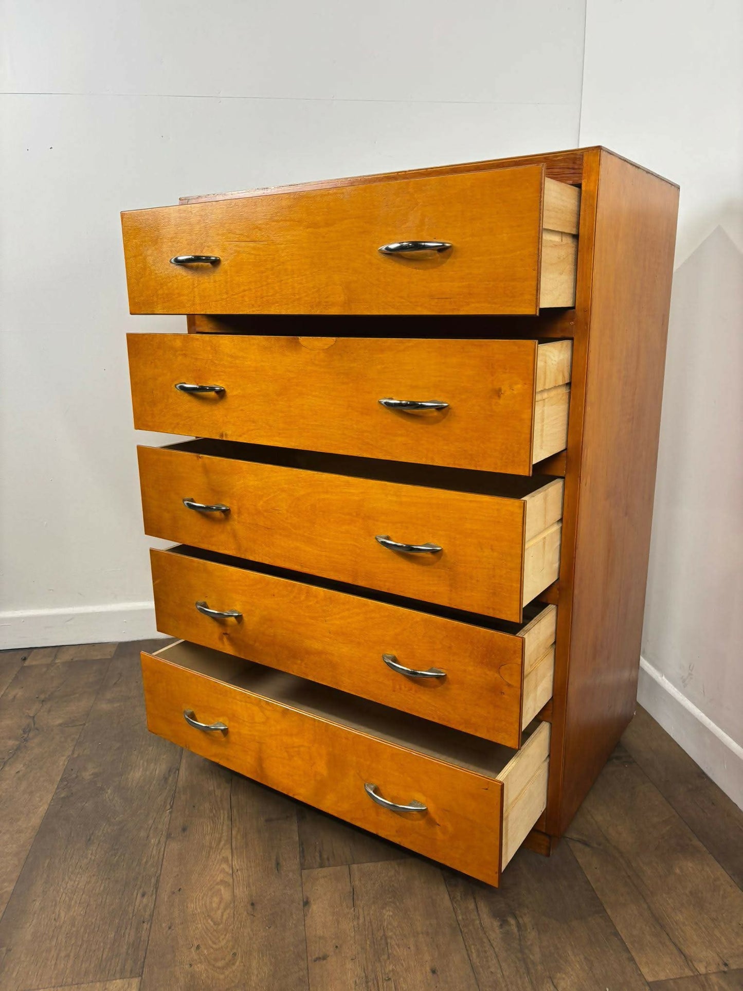 Mid Century Oak Veneer Five Drawer Bedroom Chest