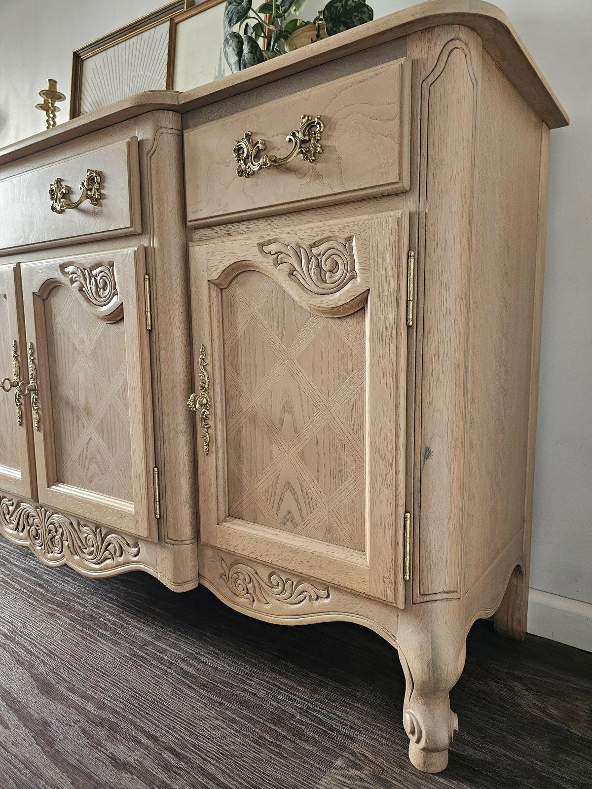 French Provincial Oak Buffet • Carved Details, Original Hardware, Satin Finish
