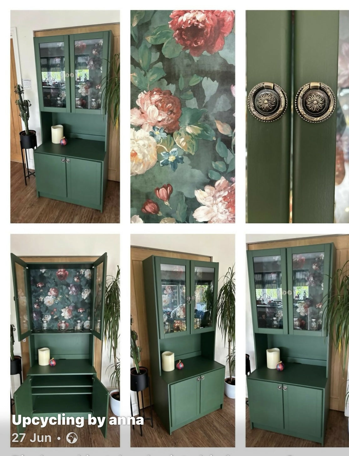 Green display cabinet with floral design