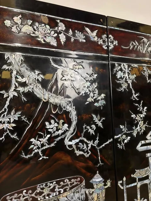 Set of Four Vintage Oriental Wall Panels with Mother of Pearl Inlay