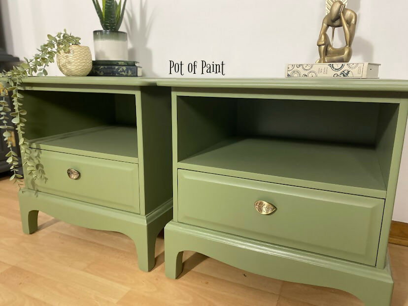 Pair of Stag 1 drawer, Sepal Green bedsides tables