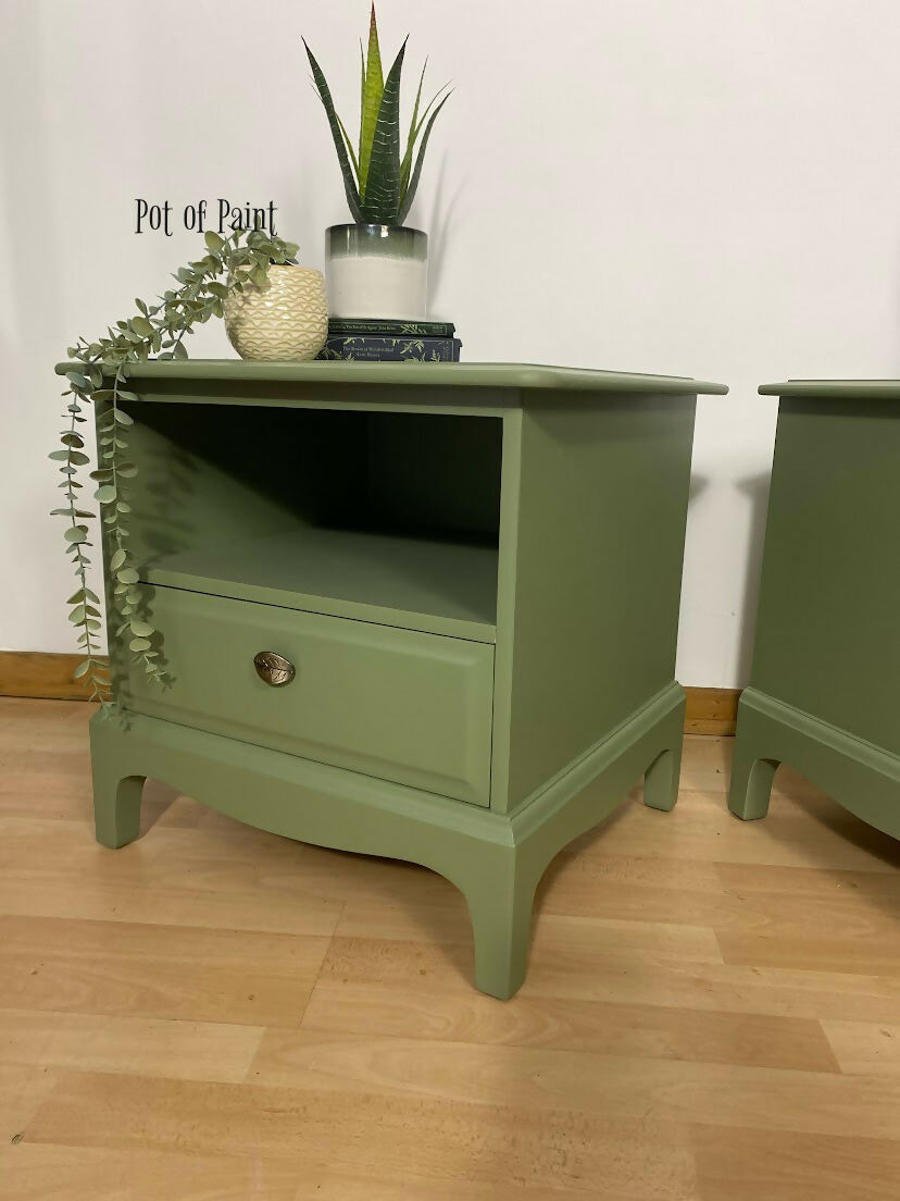 Pair of Stag 1 drawer, Sepal Green bedsides tables