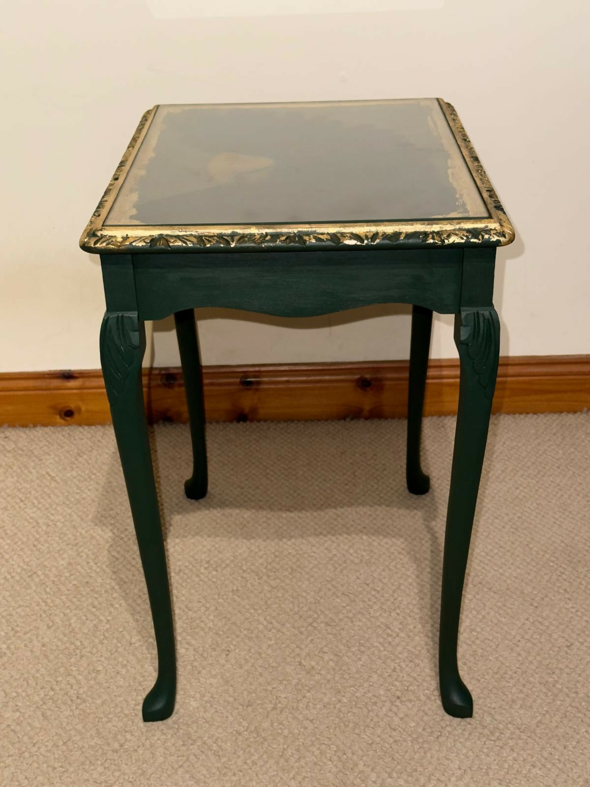 Hand Painted Decoupage Side Table with Glass Top – One of a Kind Green Parrot Design