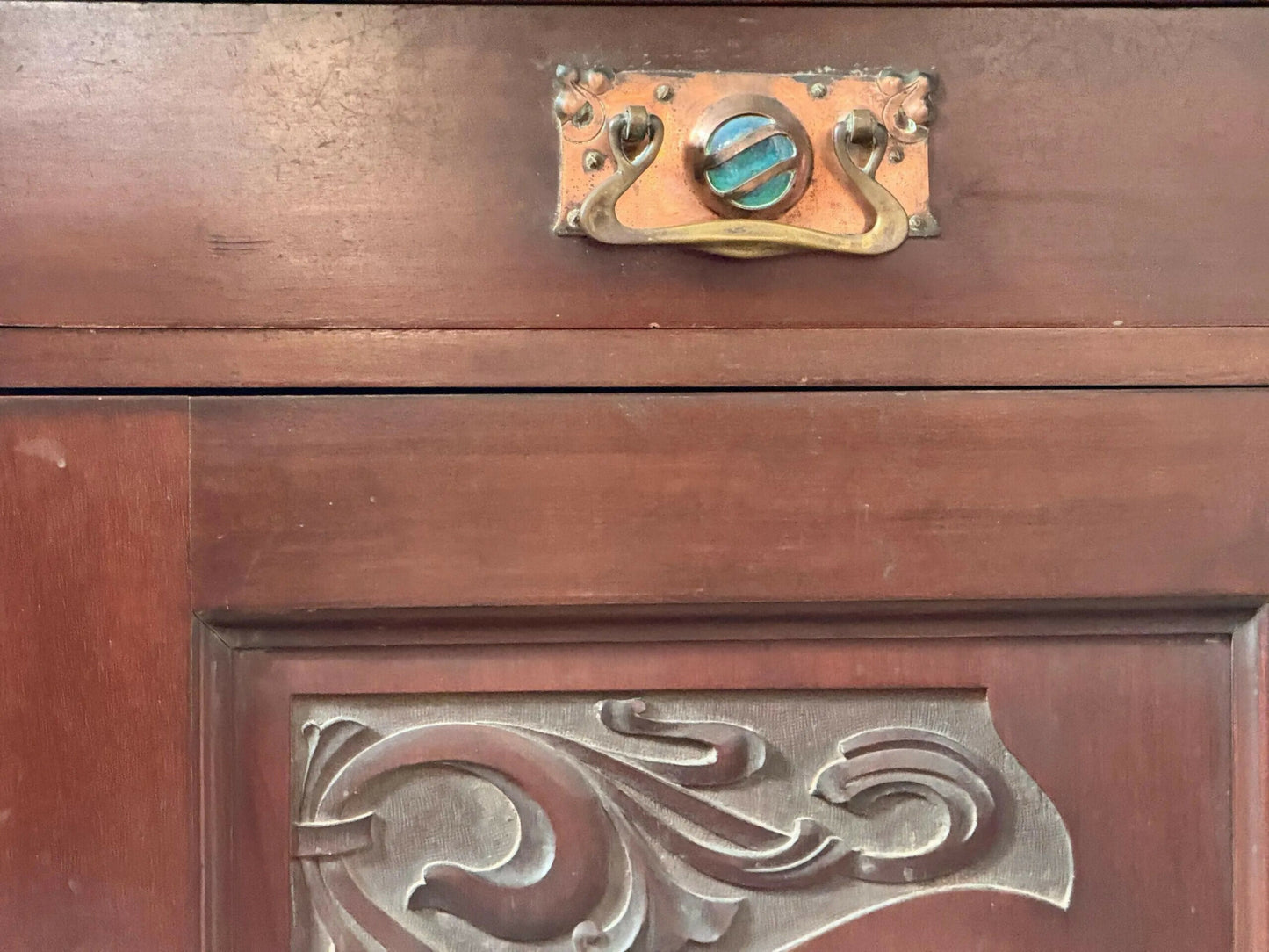 Antique Mahogany Arts And Crafts Art Nouveau Period Breakfront Buffet Sideboard Hall Dining Cupboard, Ruskin, Shapland And Petter C 1920