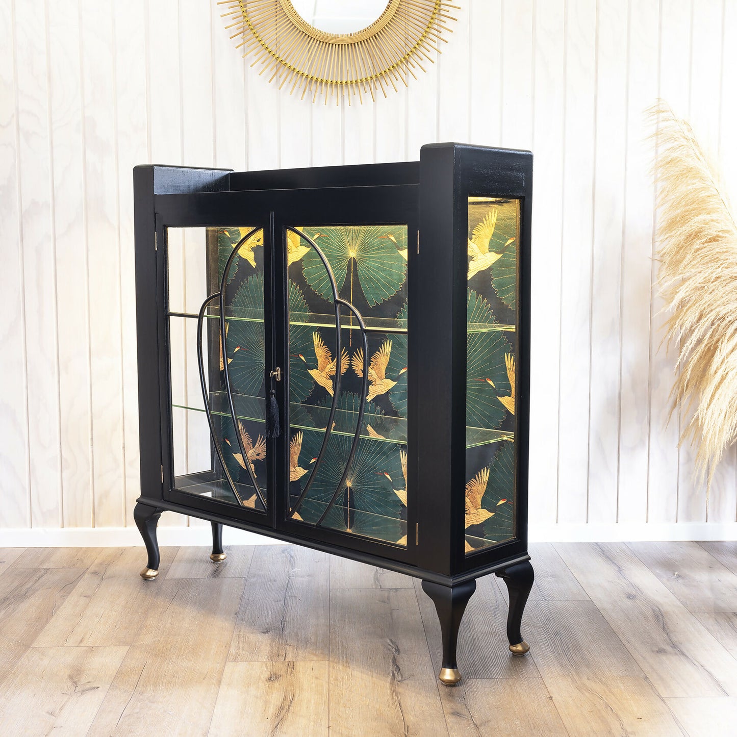 Exquisite Art Deco drinks cabinet decoupaged in a striking blend of emerald, subtle gold and black crane fabric. Sold, commission available.