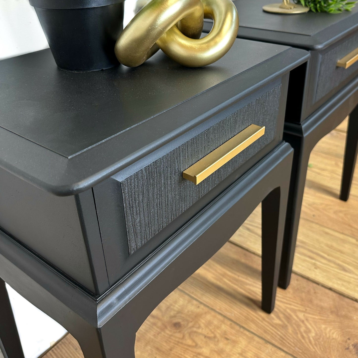 MADE TO ORDER Refinished Mid Century Stag Minstrel bedside tables, black, vintage nightstands