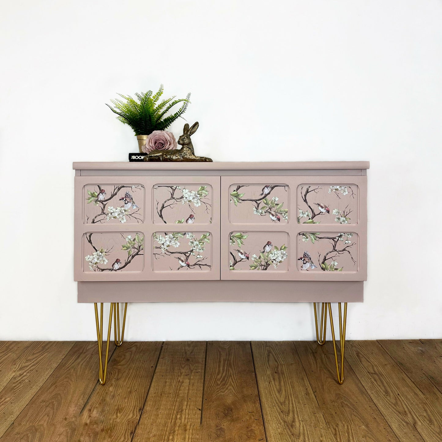 MADE TO ORDER Refurbished Nathan sideboard, TV unit, pale dusky pink, blossom flight, birds, country cottage, mid century, vintage console table, cupboard