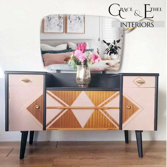 Mid century modern, dressing table,pink,black,vanity table,bedroom furniture