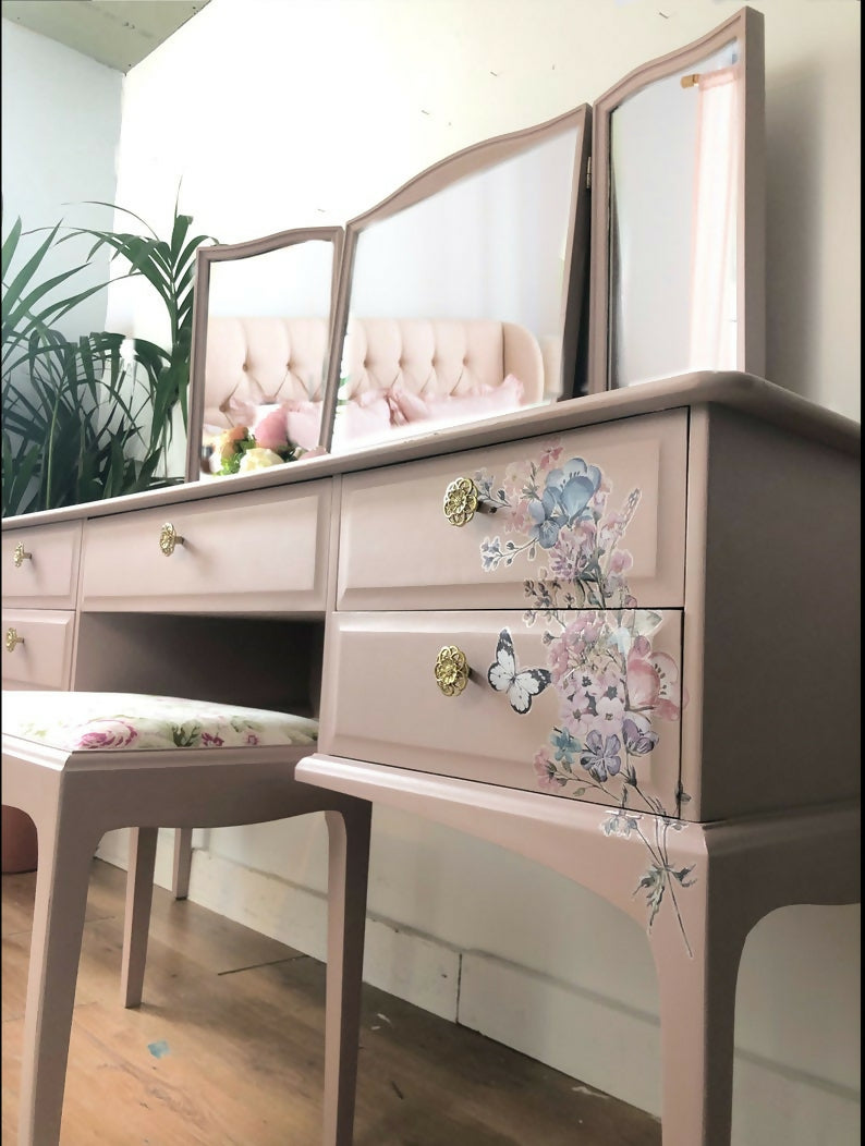 Vintage stag minstre pink floral dressing table, vanity table, pink, pink furniture, bedroom furniture, modern,mirror,stool,