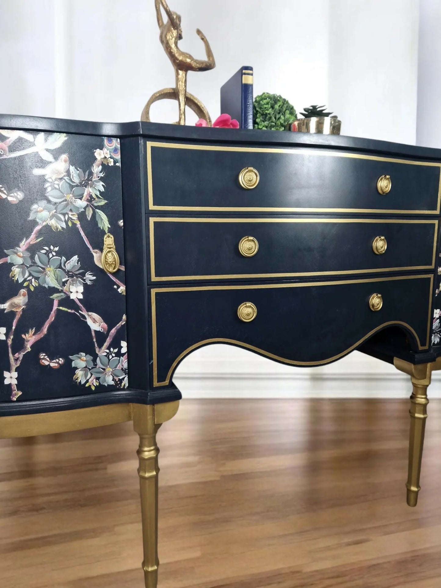 Strongbow sideboard, navy,buffet,tv stand media unit,navy furniture, decoupaged, furniture transfers, peacocks,gold,navy sideboard,statement