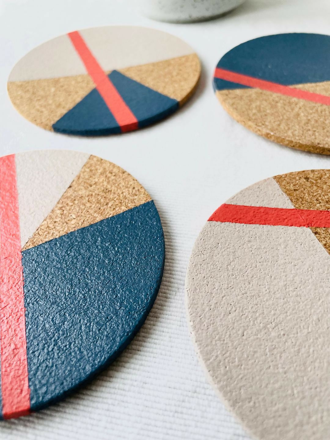 SOLD Set of 4 Cork Coasters - Hand Painted Geometric/Modern Design (Blue/Grey/Coral)