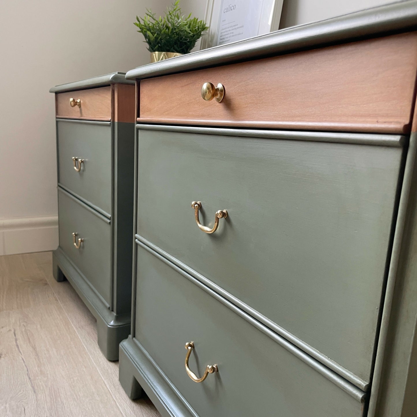 Pair of Hand-Painted Green Stag Bedside Tables | Vintage Wooden Cabinets | Professionally Restored Furniture