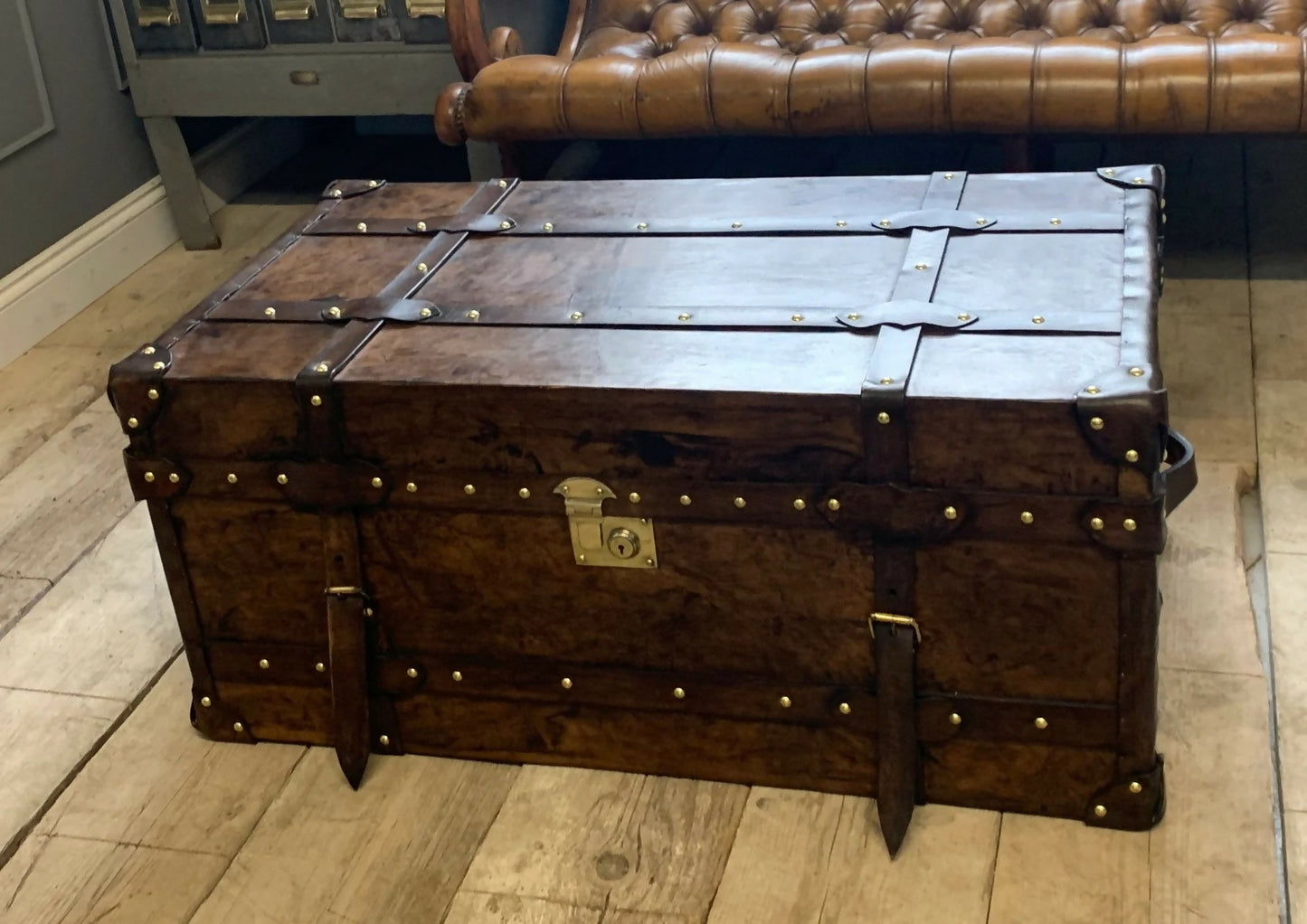 English Leather Belted Coffee table Trunk