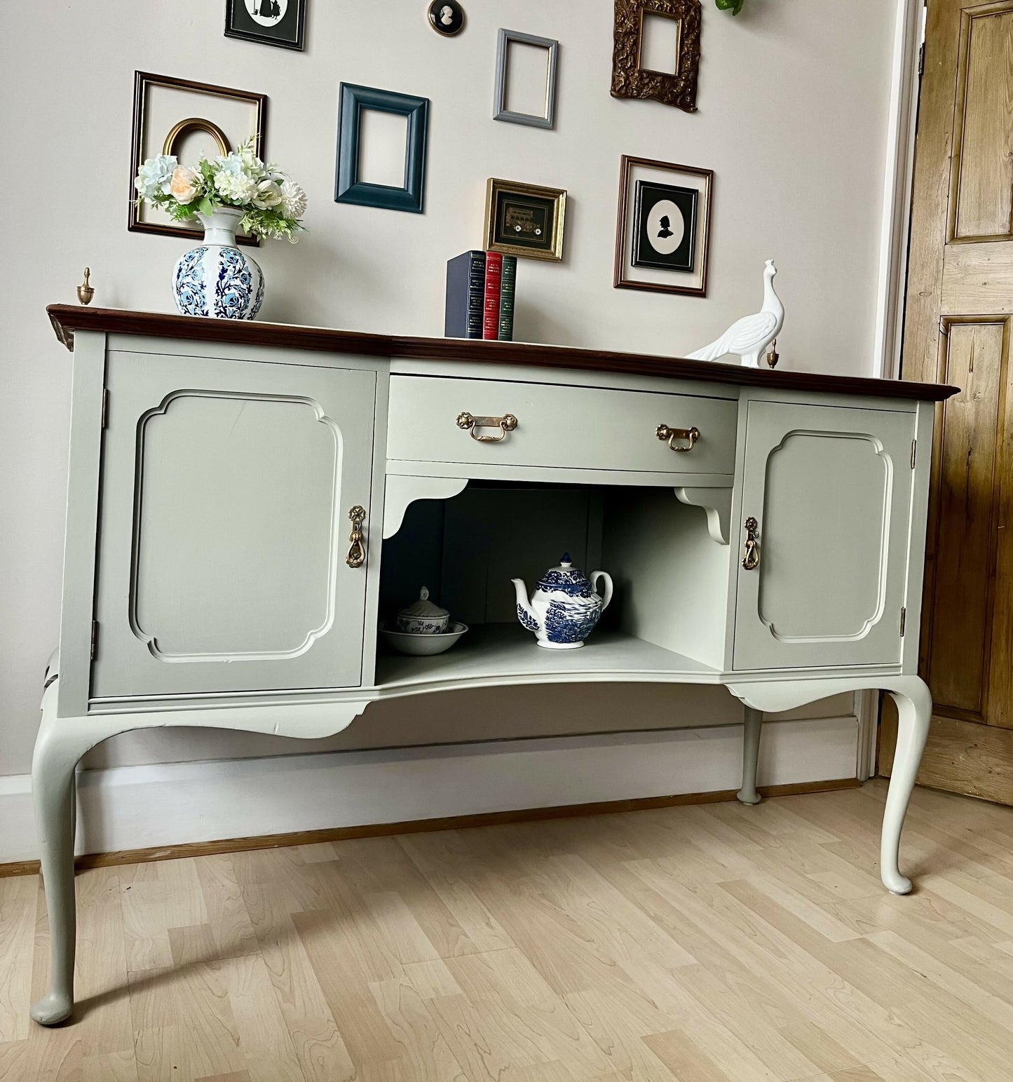 Antique Sage Green Greyish Sideboard: Bow-Fronted Cabinet with Brass Rail