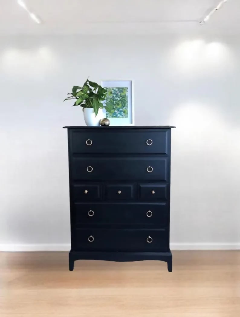 Black stag minstrel, tallboy,chest of drawers, black,bedroom furniture, black chest of drawers