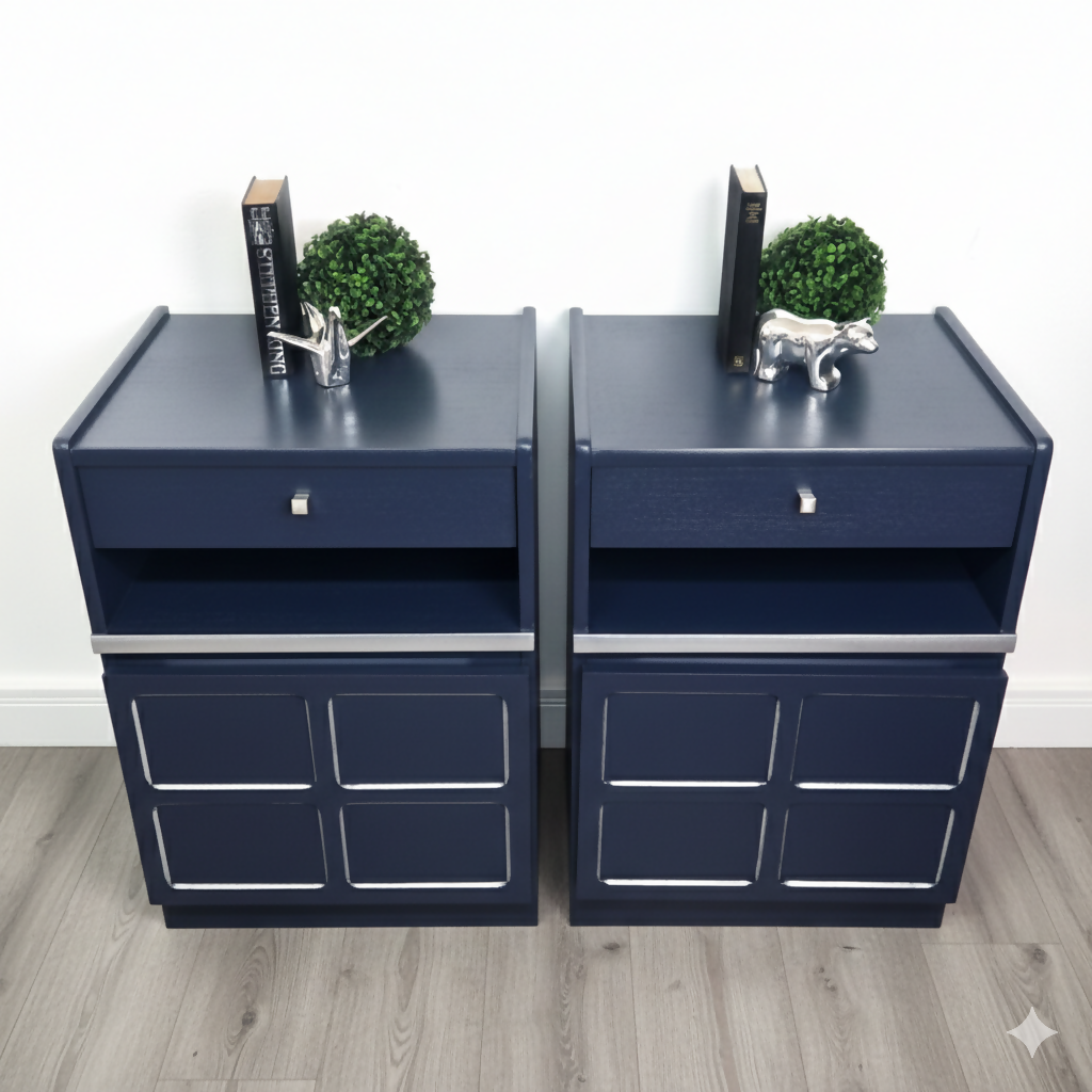 Nathan teak navy bedside tables
