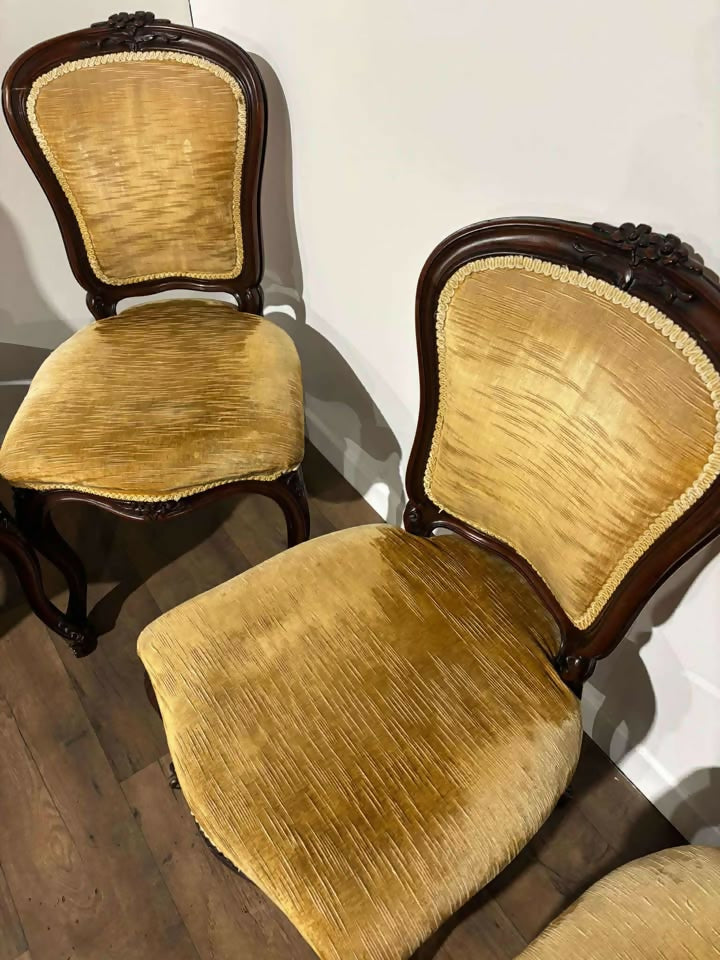 Vintage Set Of Six French Mahogany Framed Dining Chairs