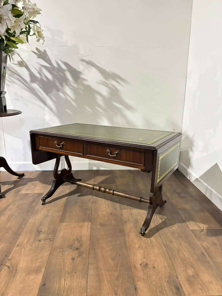 Vintage Mahogany Drop-Leaf Coffee Table with Tooled Leather Top