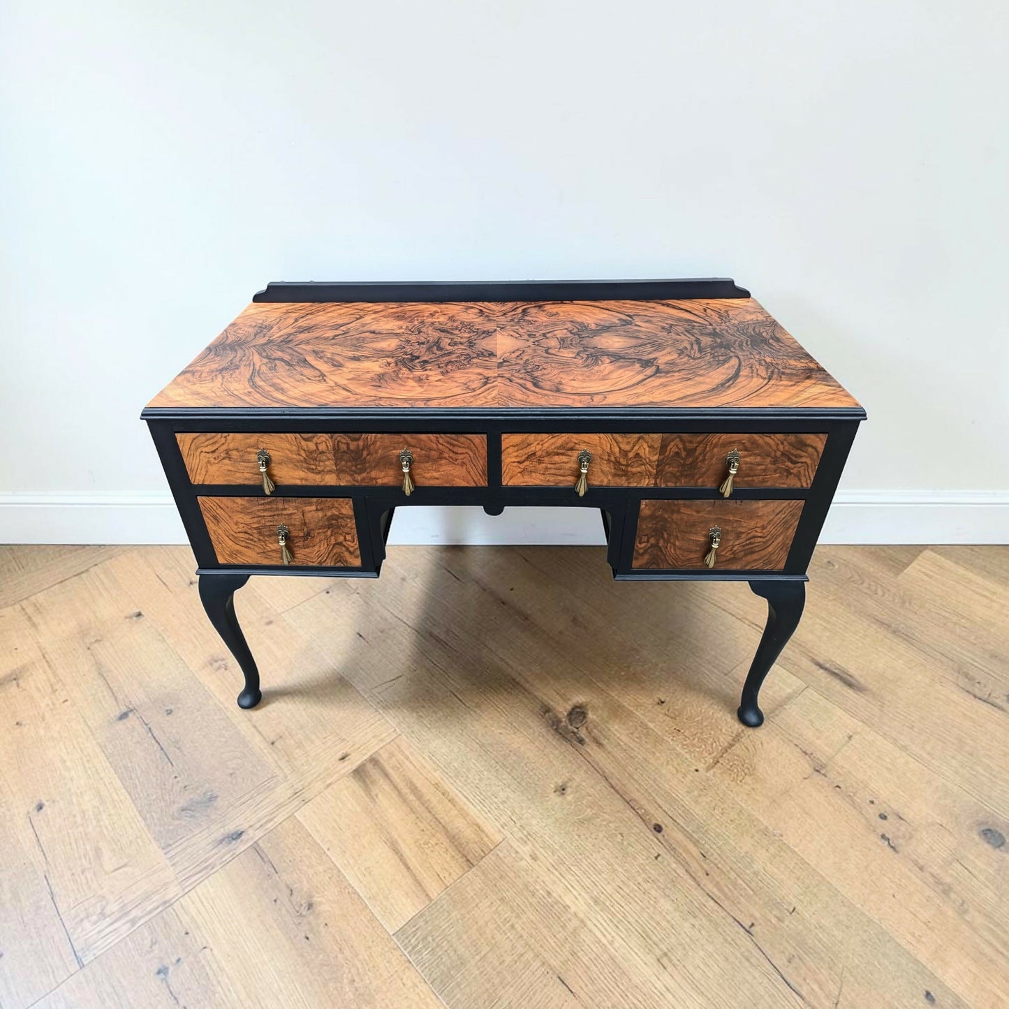 Vintage art deco black gold walnut burr wood desk dressing table