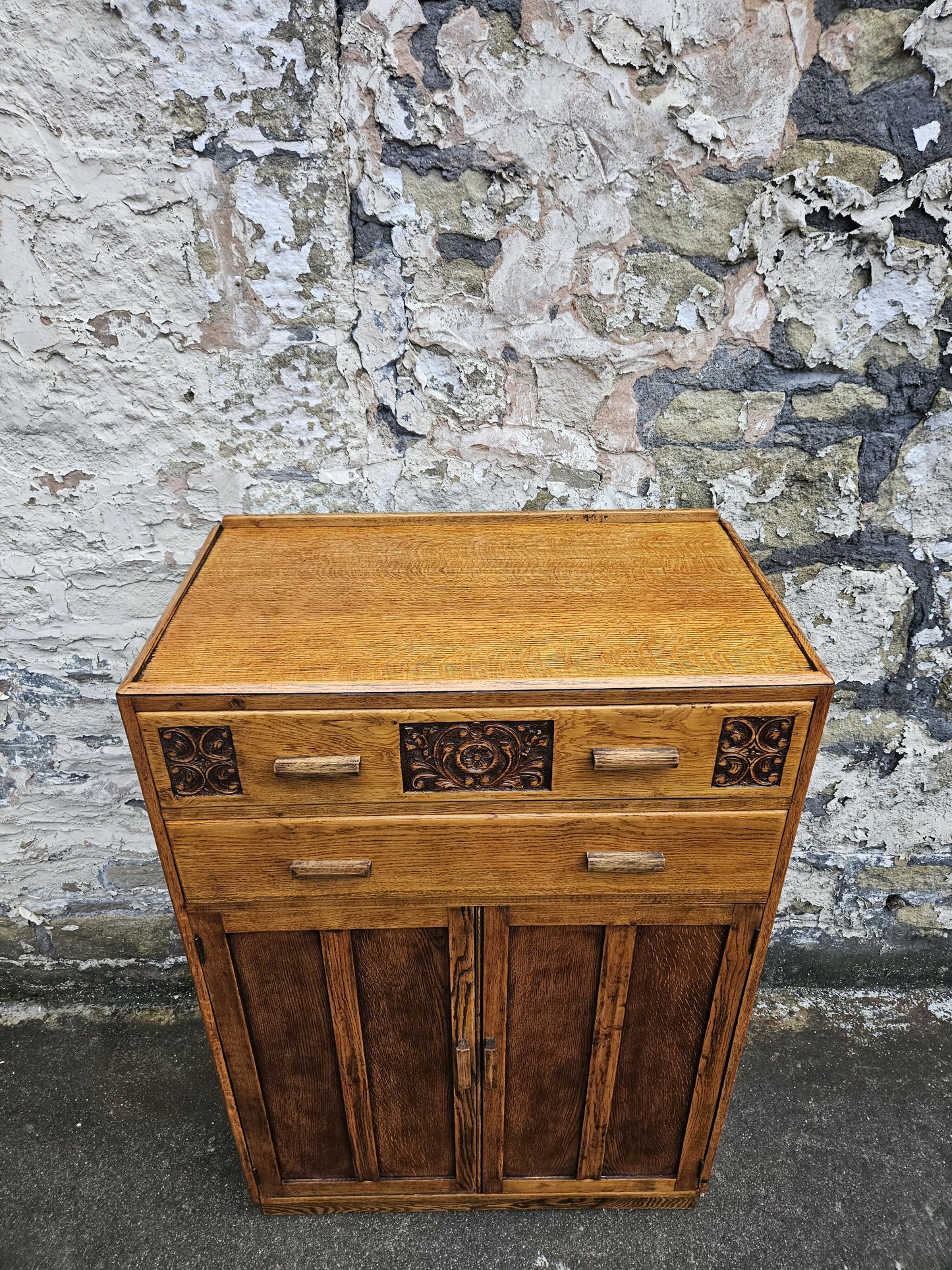 Vintage Oak Tallboy With Two Drawers And Cupboard Super Detailing And Proportions