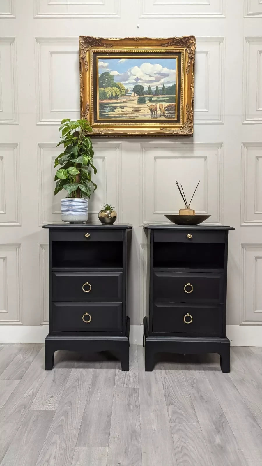 Black Stag Minstrel Pair Of 2 Drawer Narrow Bedside Tables