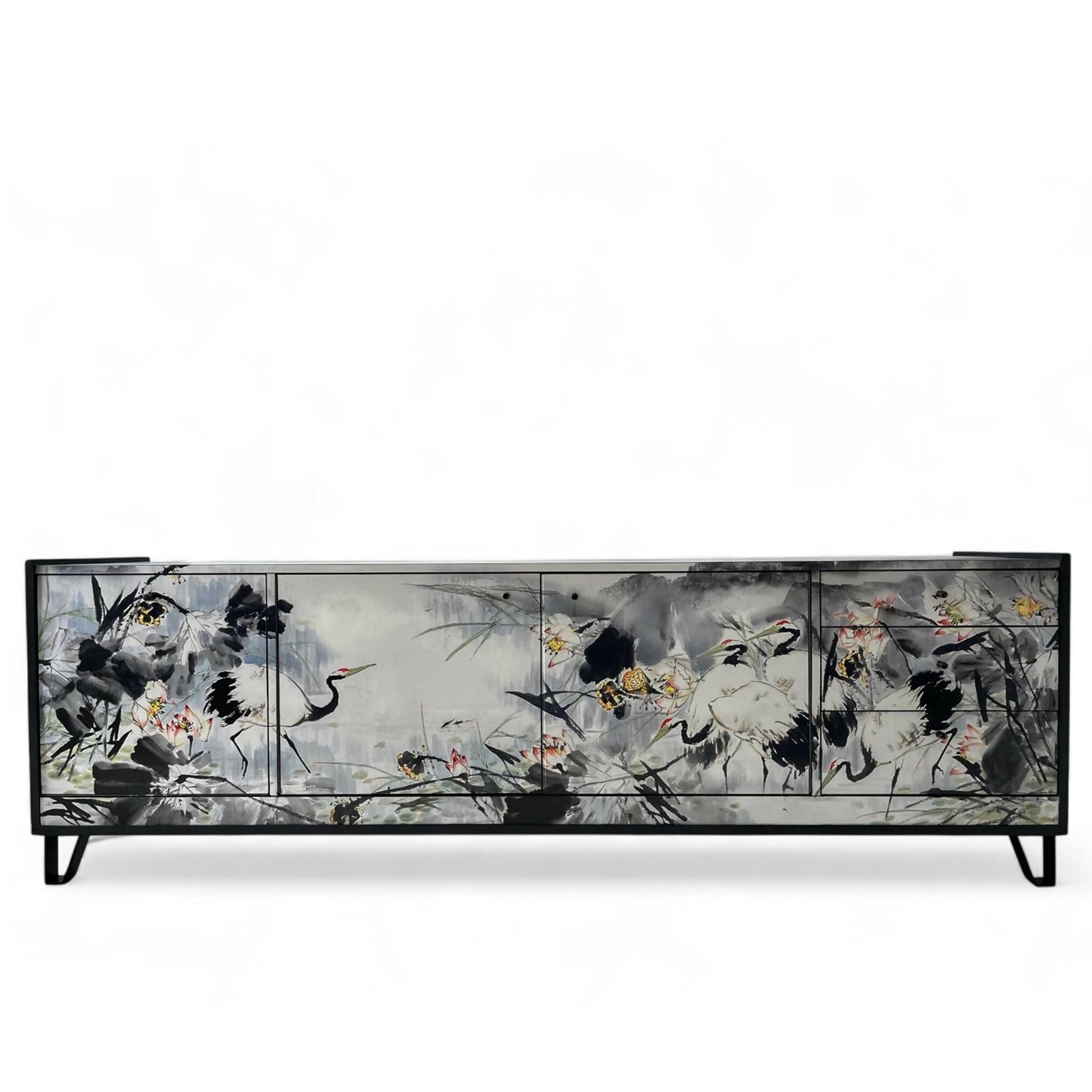 Vintage painted grey and decoupaged Japanese Crane birs in light backround with flowers