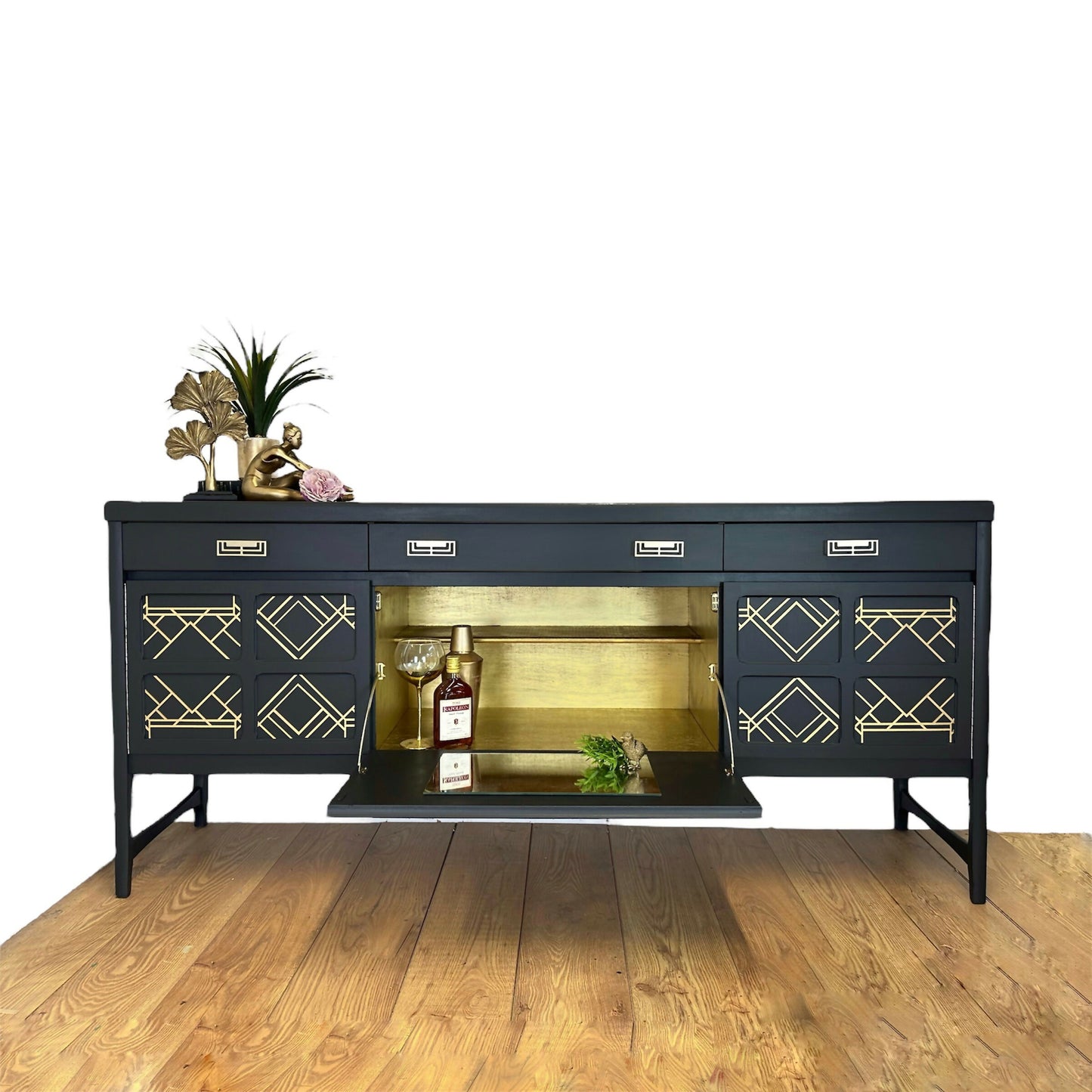 AVAILABLE NOW Large Nathan sideboard dark grey with gold art deco design, mid century drinks cabinet, cocktail cabinet, console, mid century, statement, refurbished