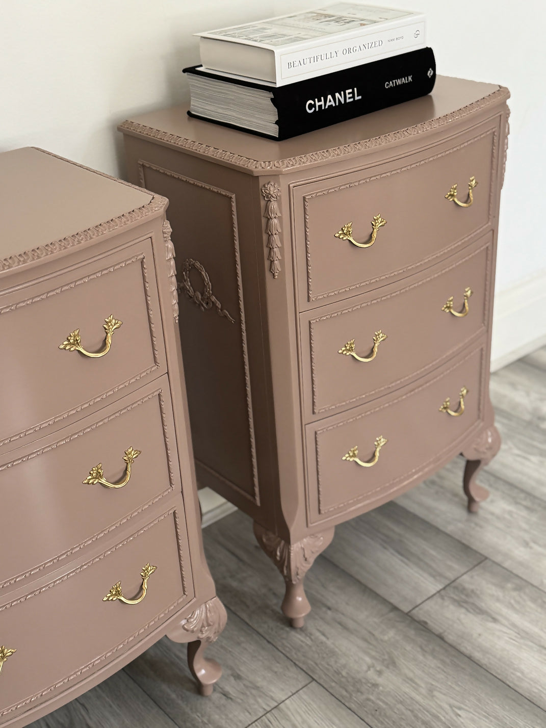 French Bedside Cabinets, Bedside Tables, Olympus, Chest Of Drawers Hand Painted In Damask, Dusty Pink