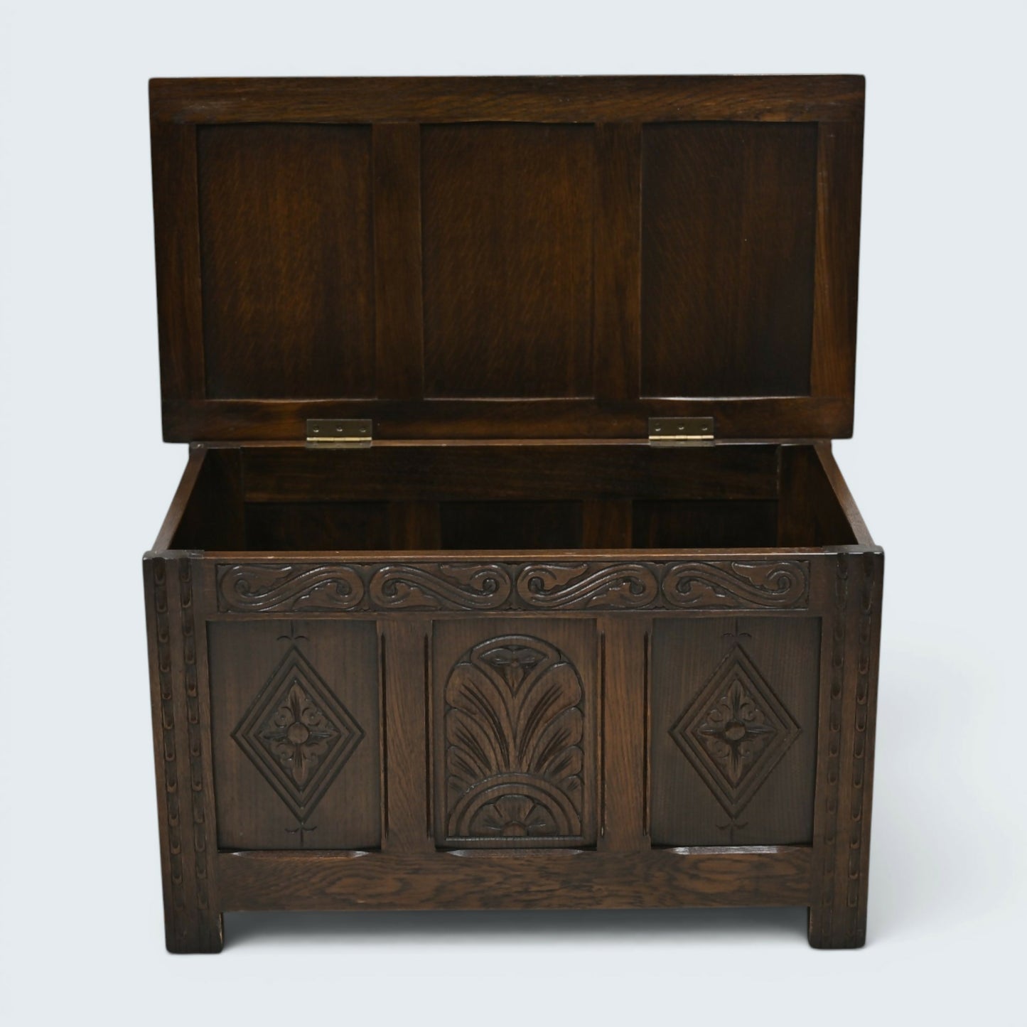 Oak Blanket Box / Coffee Table Carved Front Traditional Finish FREE UK Delivery