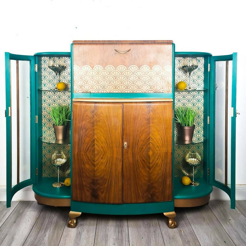 Large Art deco drinks cabinet, teal, cocktail cabinet, gin bar, vintage, retro, gin cabinet,statement,display cabinet