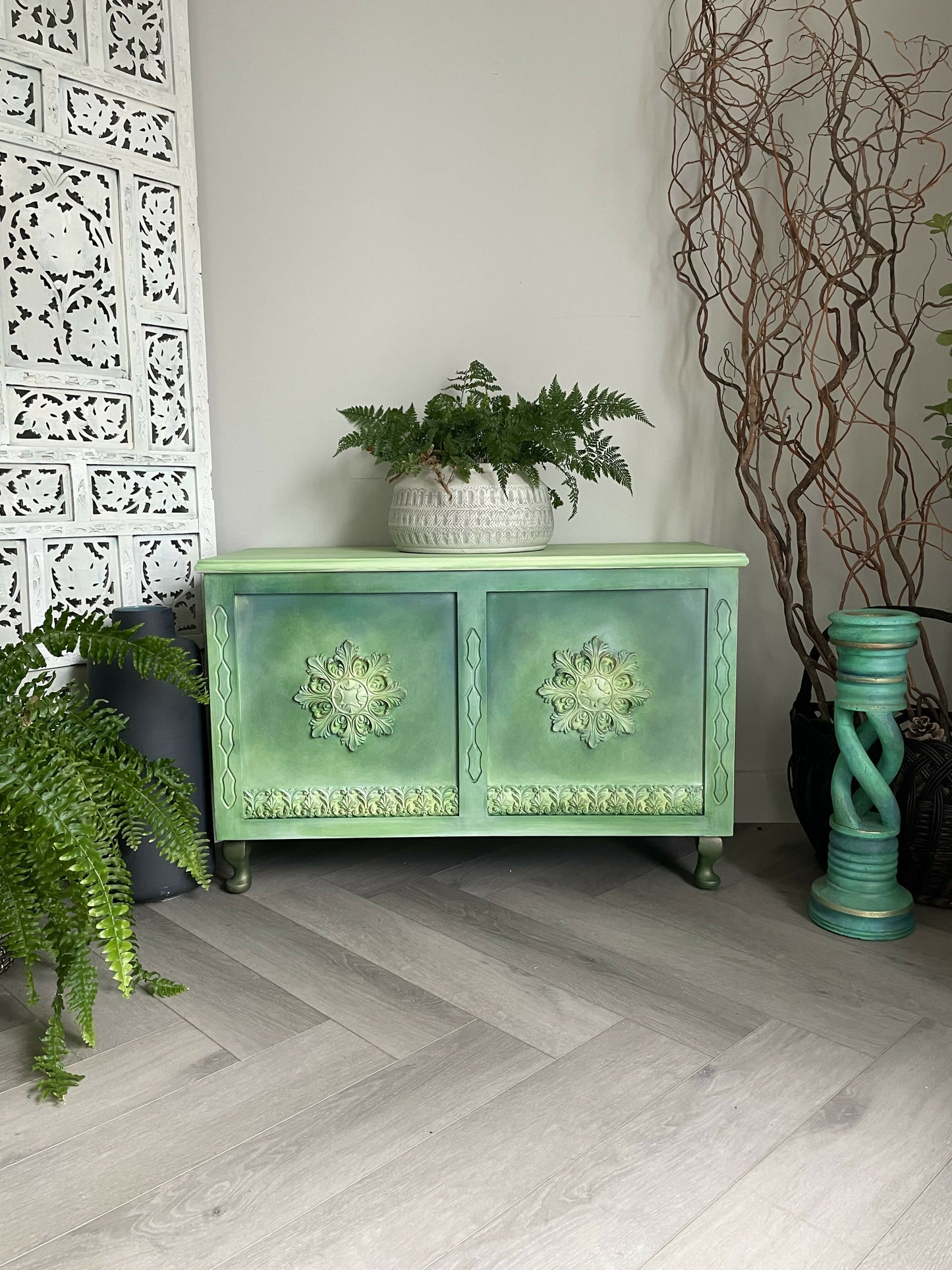Vintage blanket box, hand painted green, boho