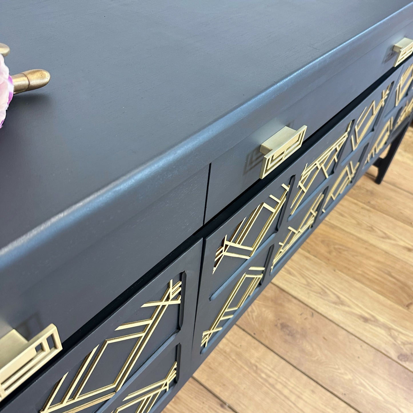 AVAILABLE NOW Large Nathan sideboard dark grey with gold art deco design, mid century drinks cabinet, cocktail cabinet, console, mid century, statement, refurbished