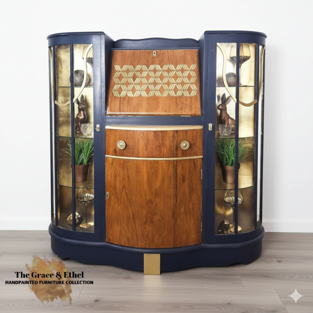MADE TO ORDER. navy blue and gold cocktail cabinet cabinet