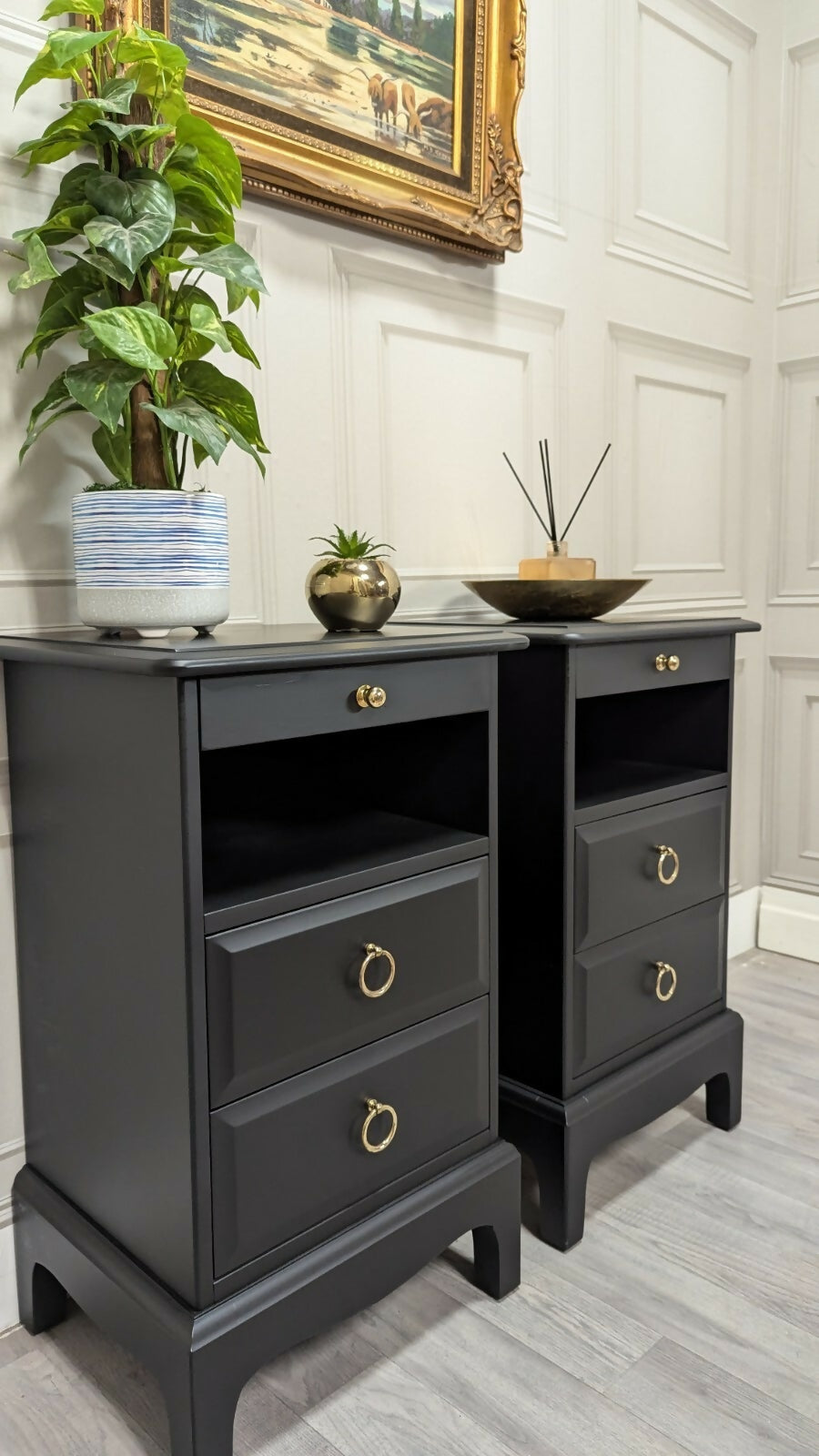 Black Stag Minstrel Pair Of 2 Drawer Narrow Bedside Tables