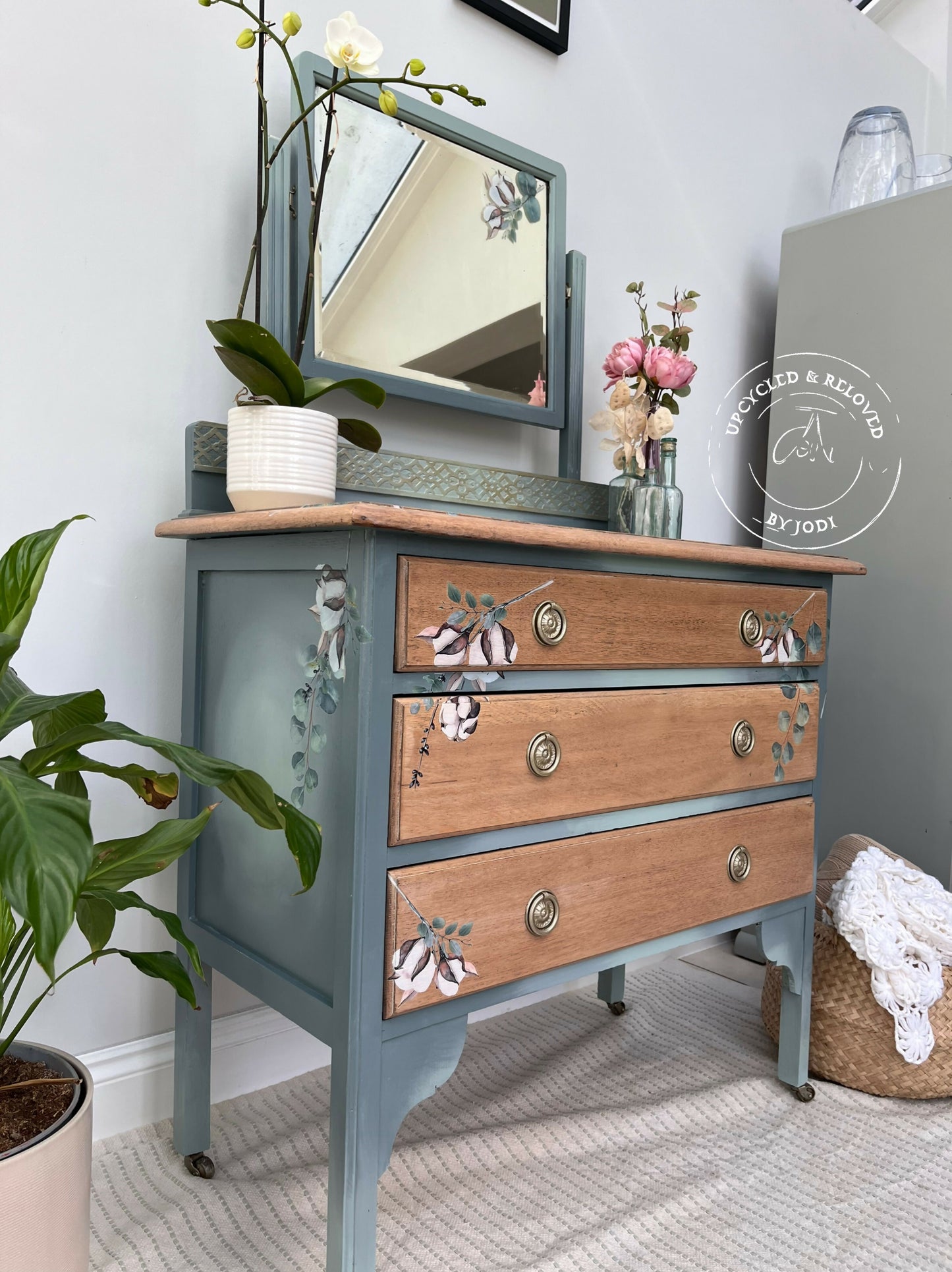 NOW SOLD! Please do not order. Vintage chest of drawers and dressing table with mirror in blue ombré
