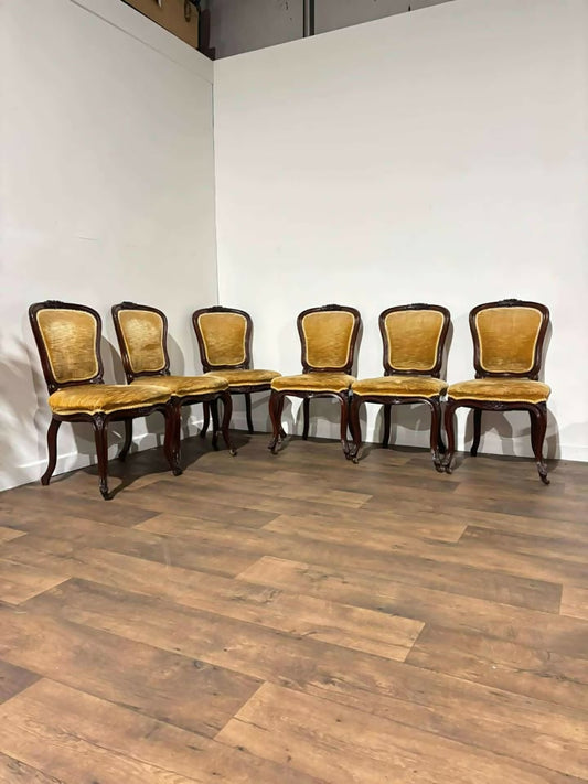 Vintage Set Of Six French Mahogany Framed Dining Chairs