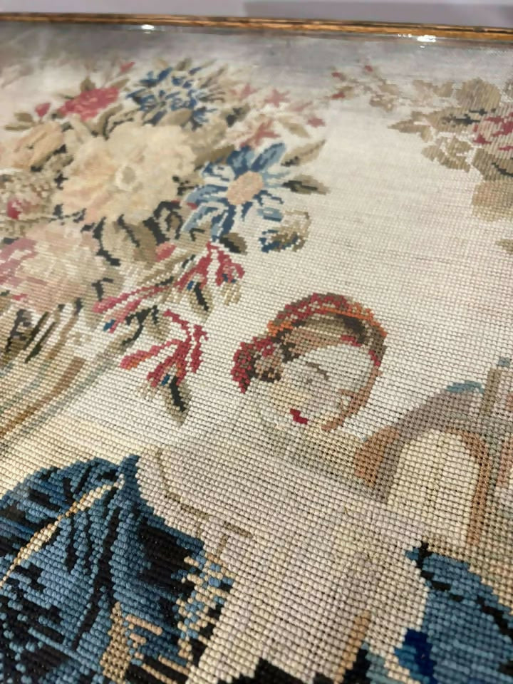 19th Century Oak Occasional Table With Tapestry Top Under Glass