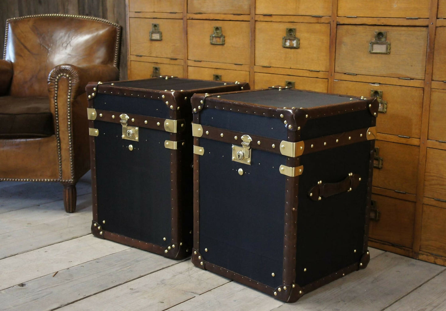 Vintage Black Millerain Handmade End tables - English bespoke storage trunks