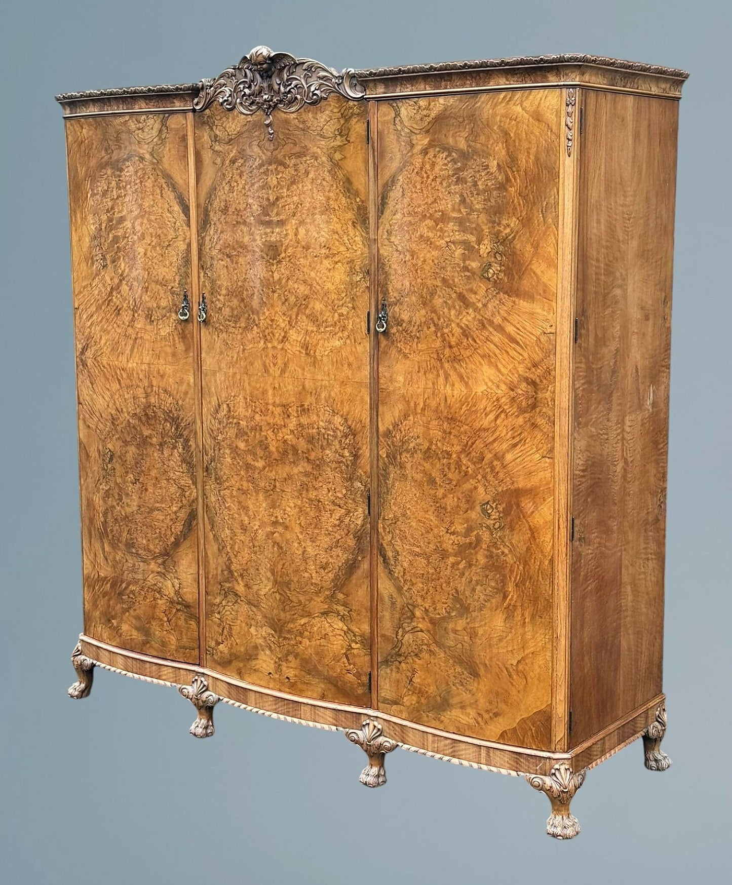 Carved Walnut and Maple Three Door Wardrobe Berick Furniture