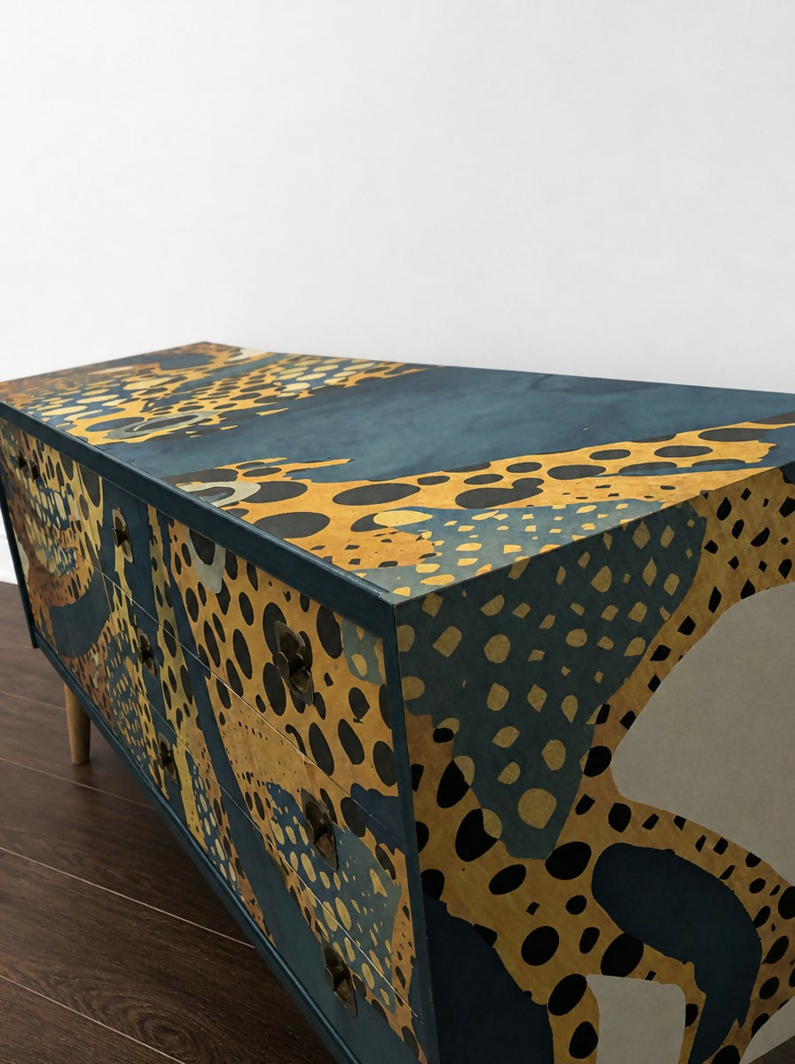 Midcentury Retro Painted Upcycled Sideboard Furniture White With Octopus Print. Commission Piece.