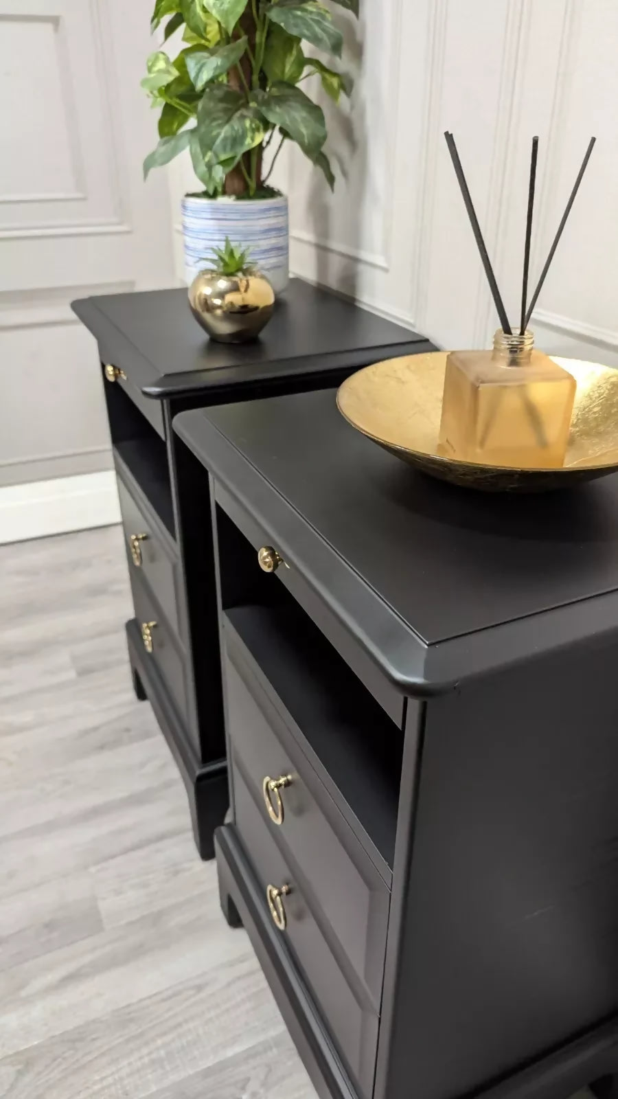 Black Stag Minstrel Pair Of 2 Drawer Narrow Bedside Tables