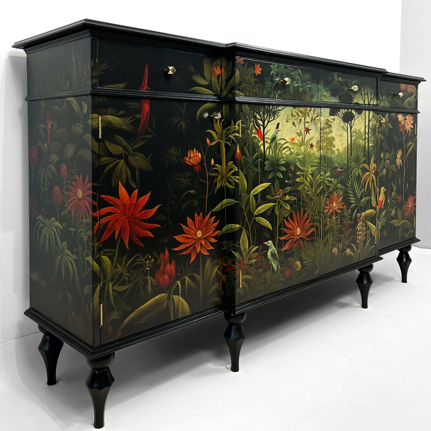 Large breackfront sideboard with conical legs, drawers and cupbords