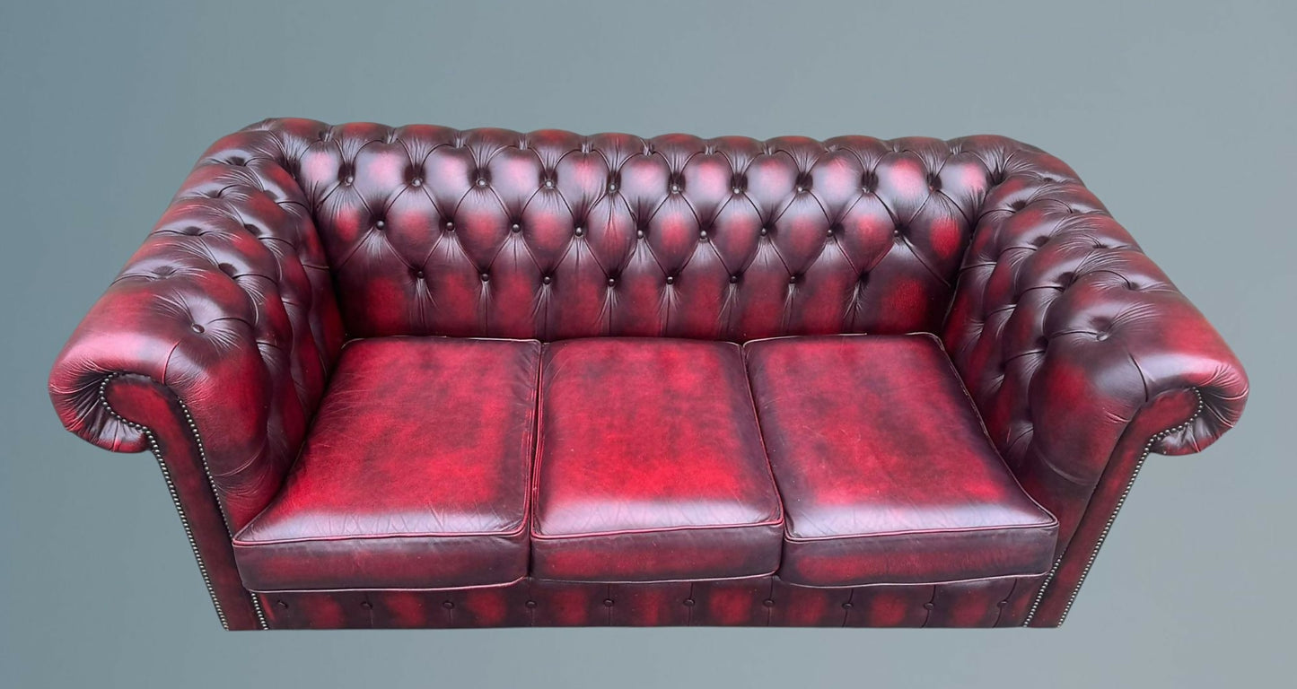 English Oxblood Leather Chesterfield Three Seater Sofa