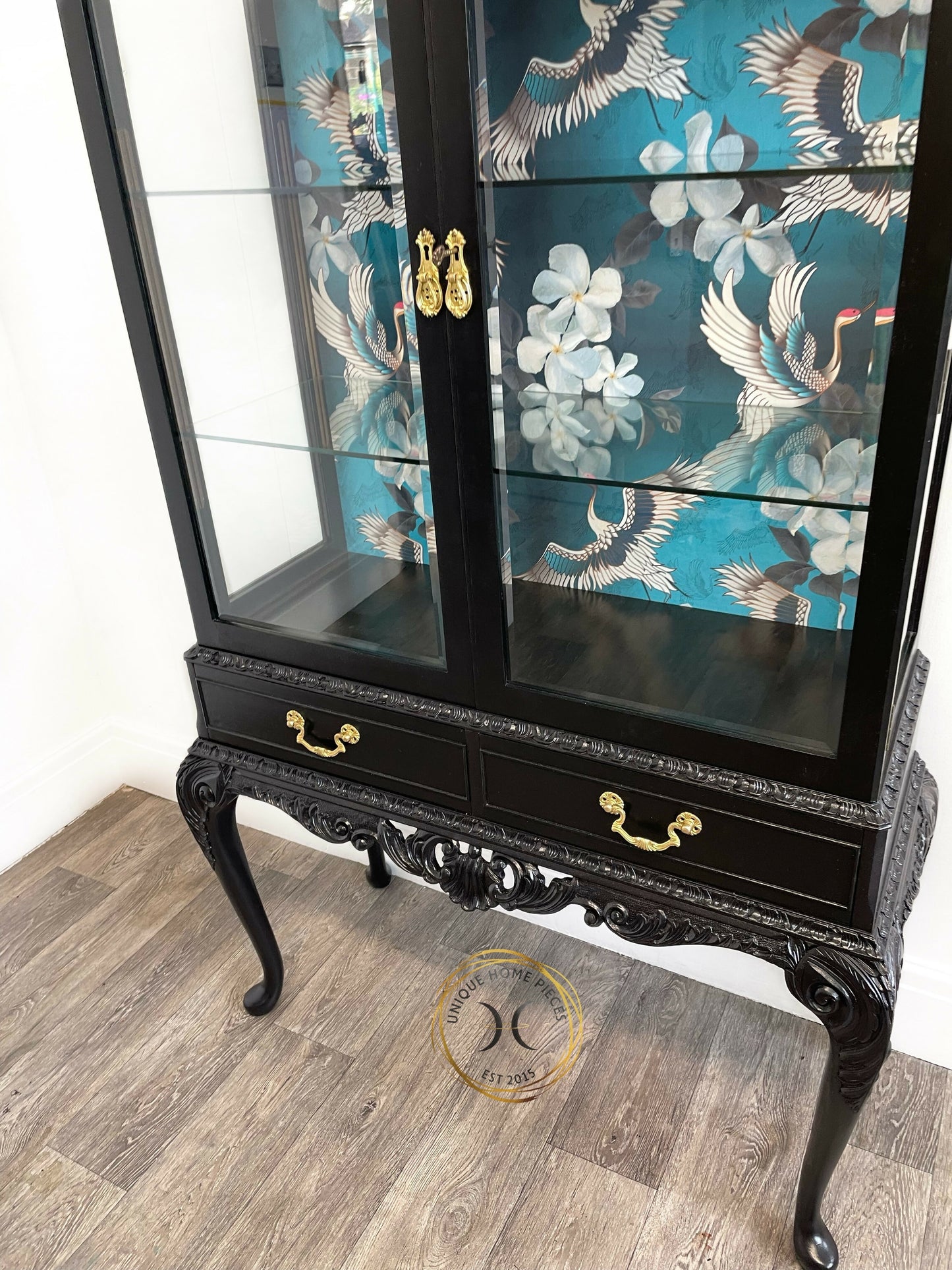 Bespoke Glass Door Display Cabinet With Turquoise Crane Bird Design