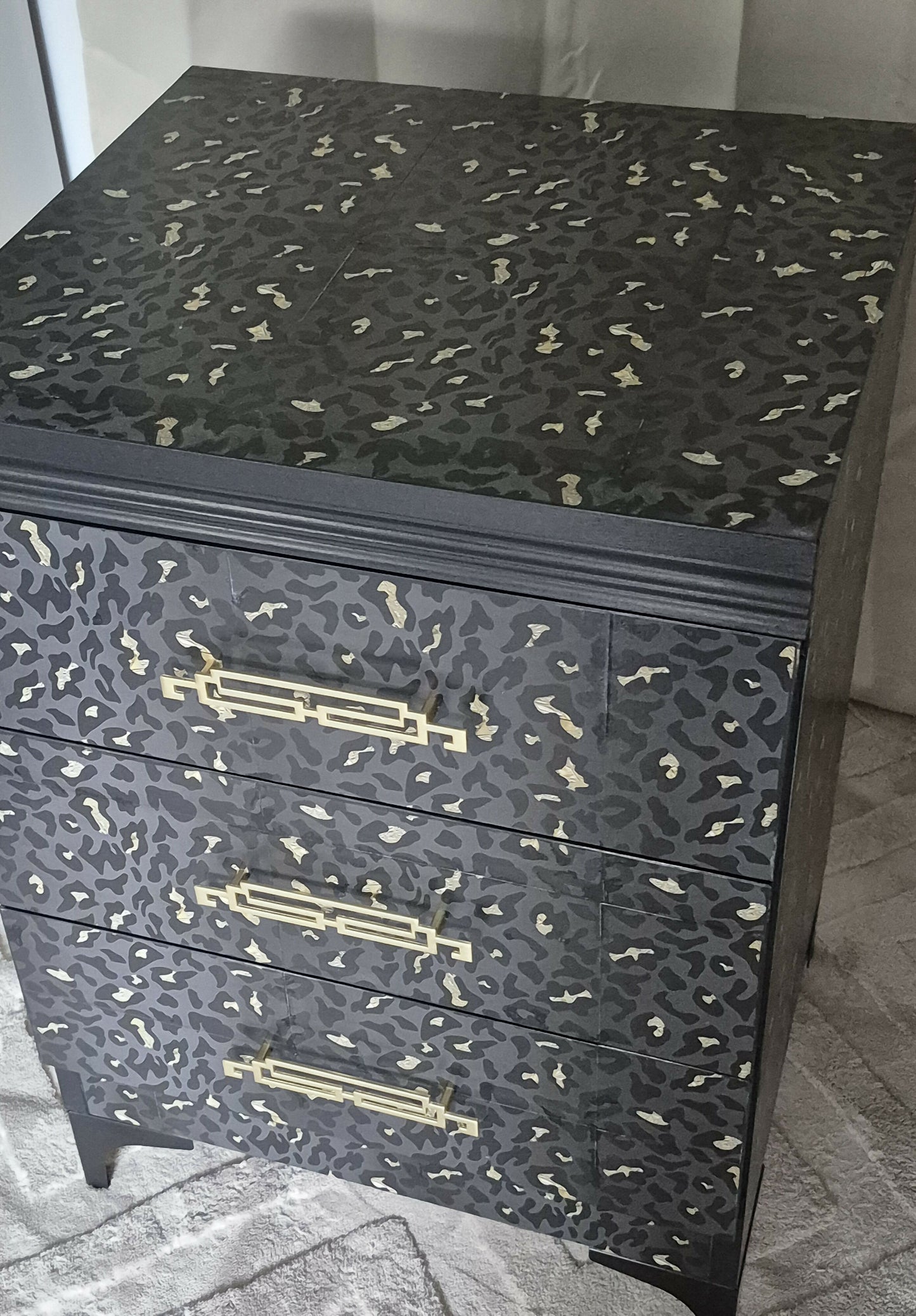 Luxe Black & Gold upcycled Leopard Print Bedside Tables | Art Deco Glam